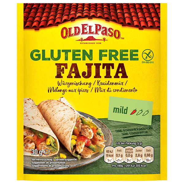 eine Packung glutenfreie Smoky BBQ Fajita-Gewürzmischung von Old El Paso, 30g