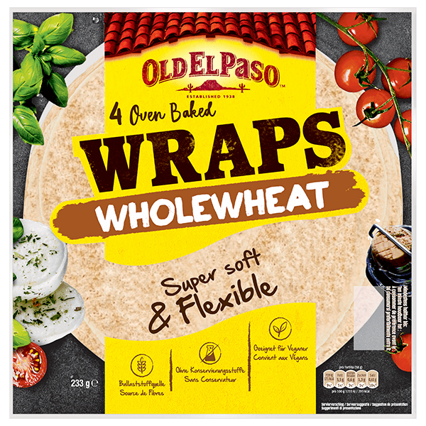 eine Packung Old El Paso 4 ofengebackene Vollkorn-Wraps, 233g